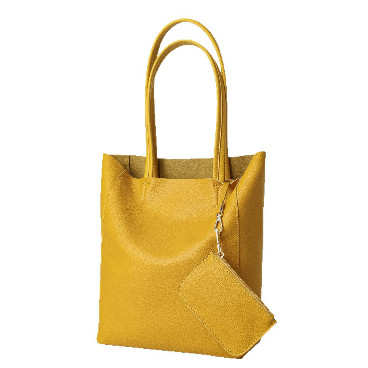 Minimalist Open-Top Tall Pebbled Leather Tote with Detachable Pouch — product view 2