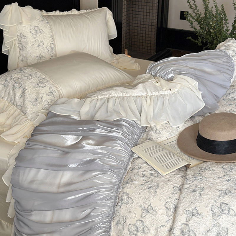 Luxury bedding set with gathered satin decor, floral jacquard duvet & ruffle cushion — product view 1