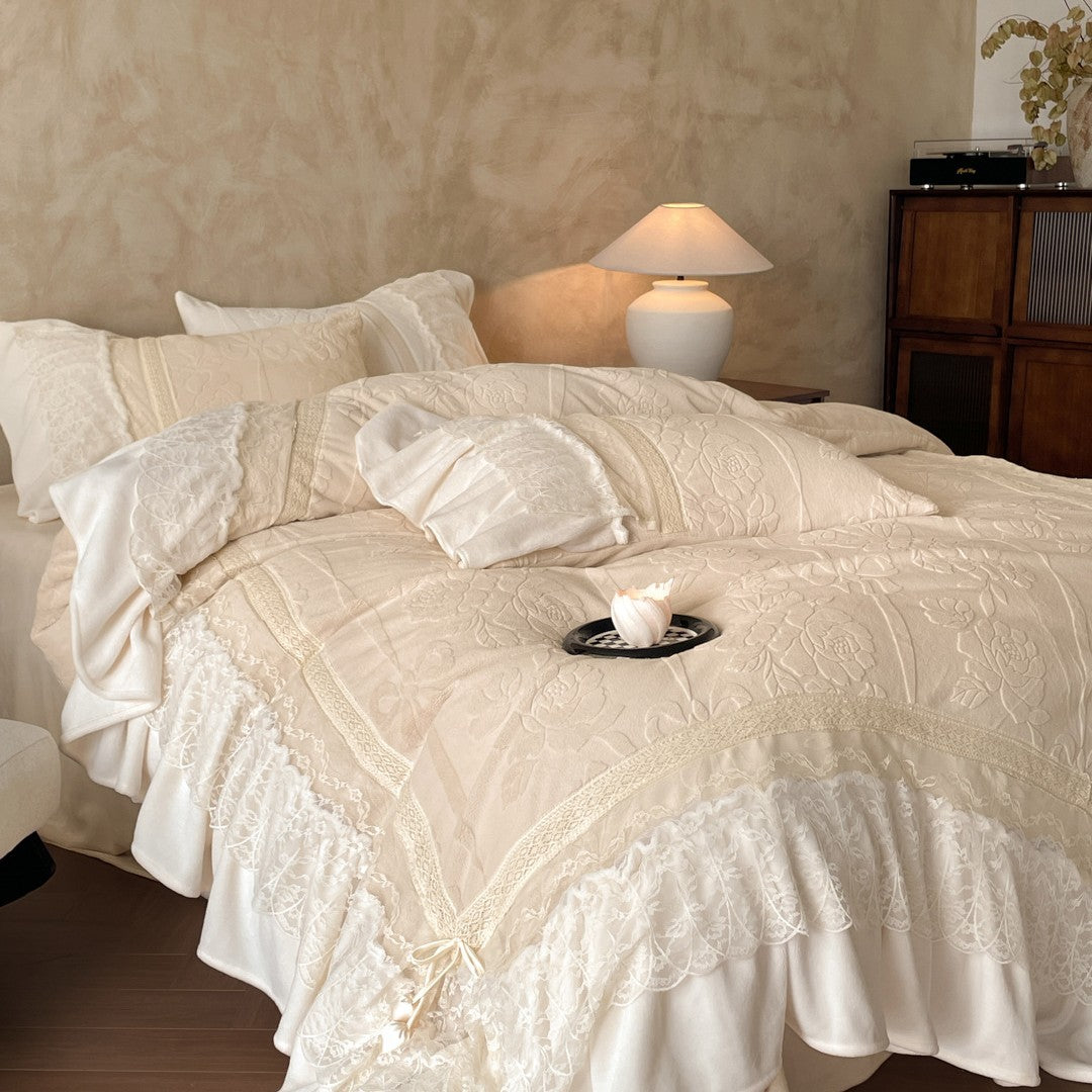 Luxury bedding set with quilted coverlet, lace ruffle, and decorative bed skirt — product view 4