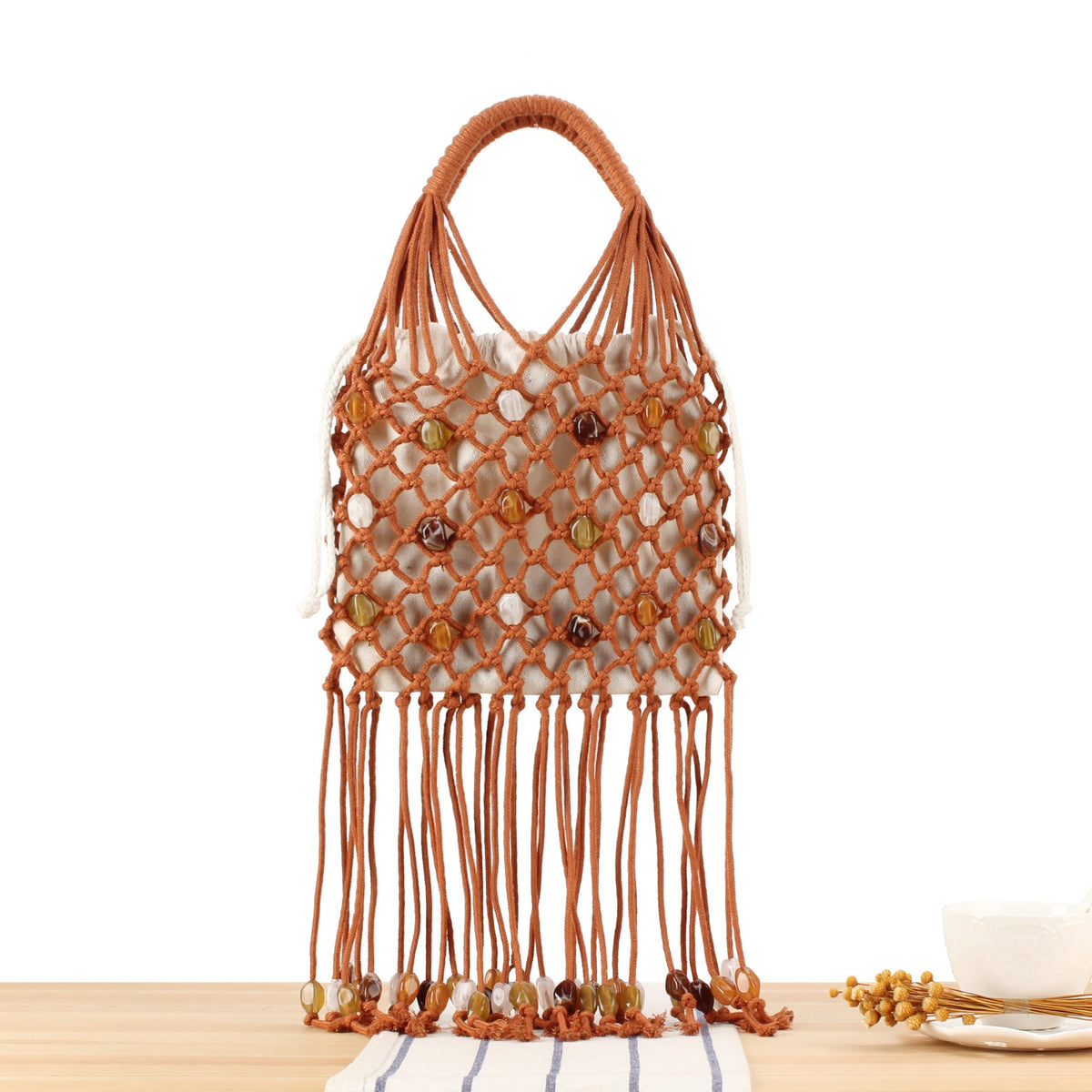 Macrame Tote Bag with Unique Bead Decoration LoungeYard — product view 6