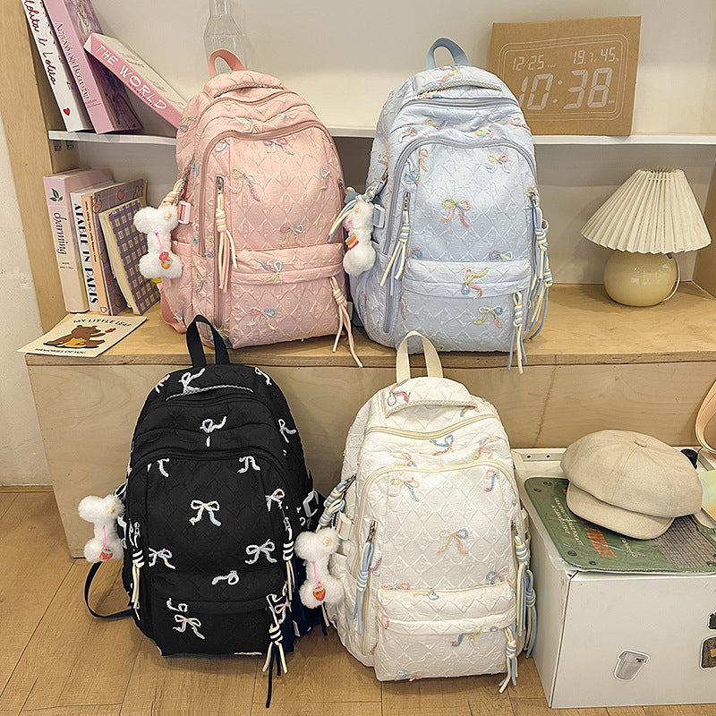 Quilted Embroidered Bow-Design Backpack LoungeYard — product view 4