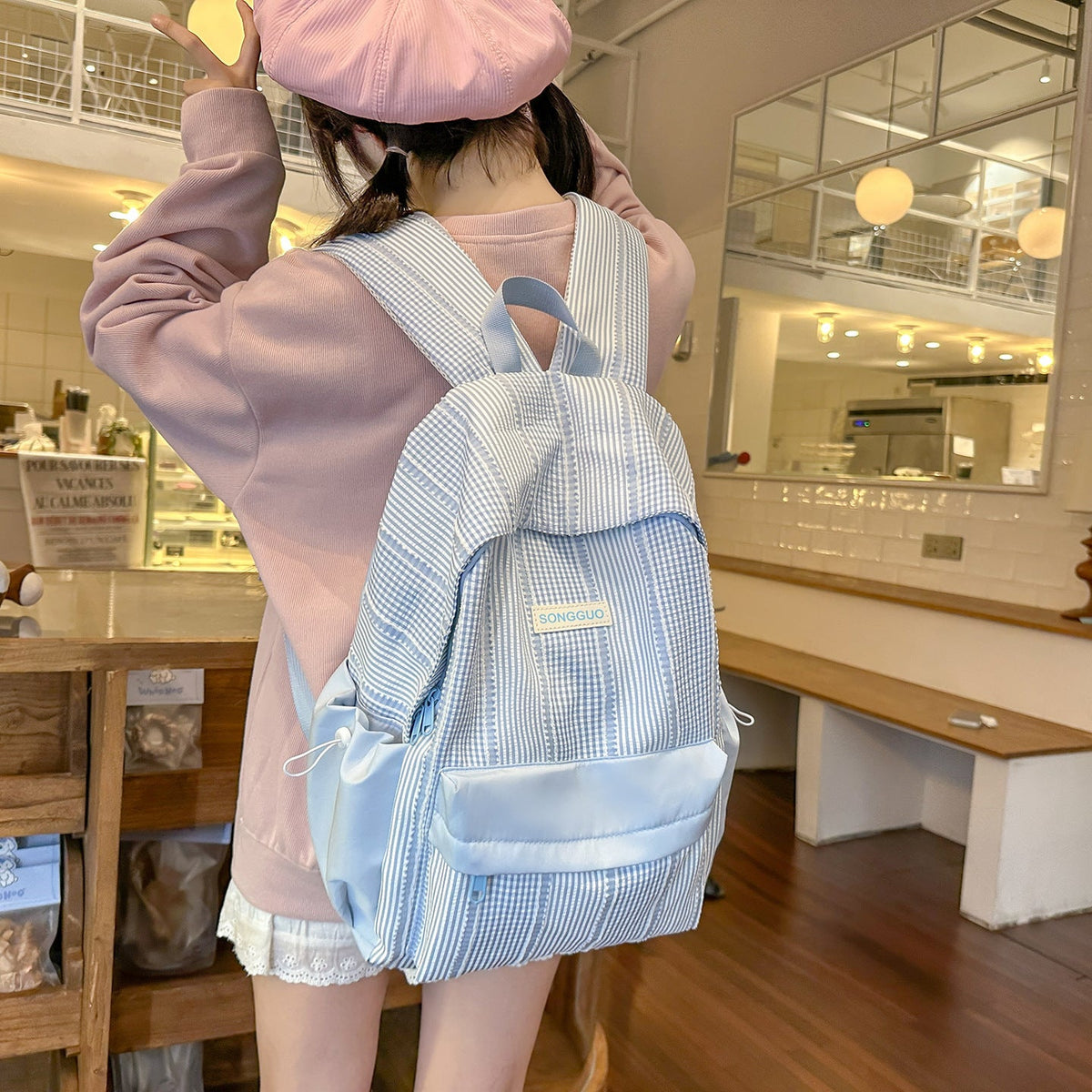 Stylish Striped Design Backpack LoungeYard — product view 2