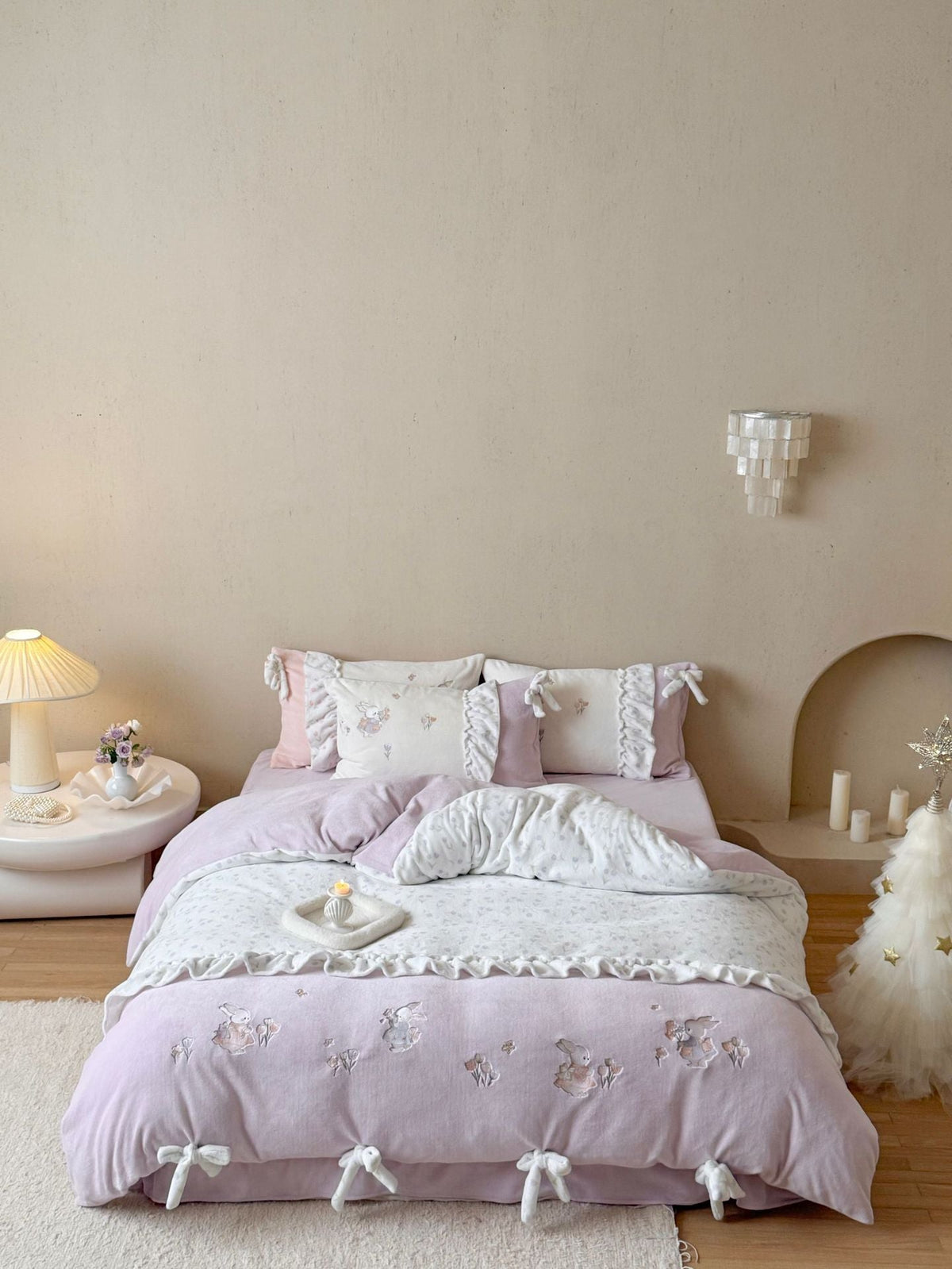Children's bedding set with ruffles, bows and embroidered rabbit appliqués LoungeYard — product view 6