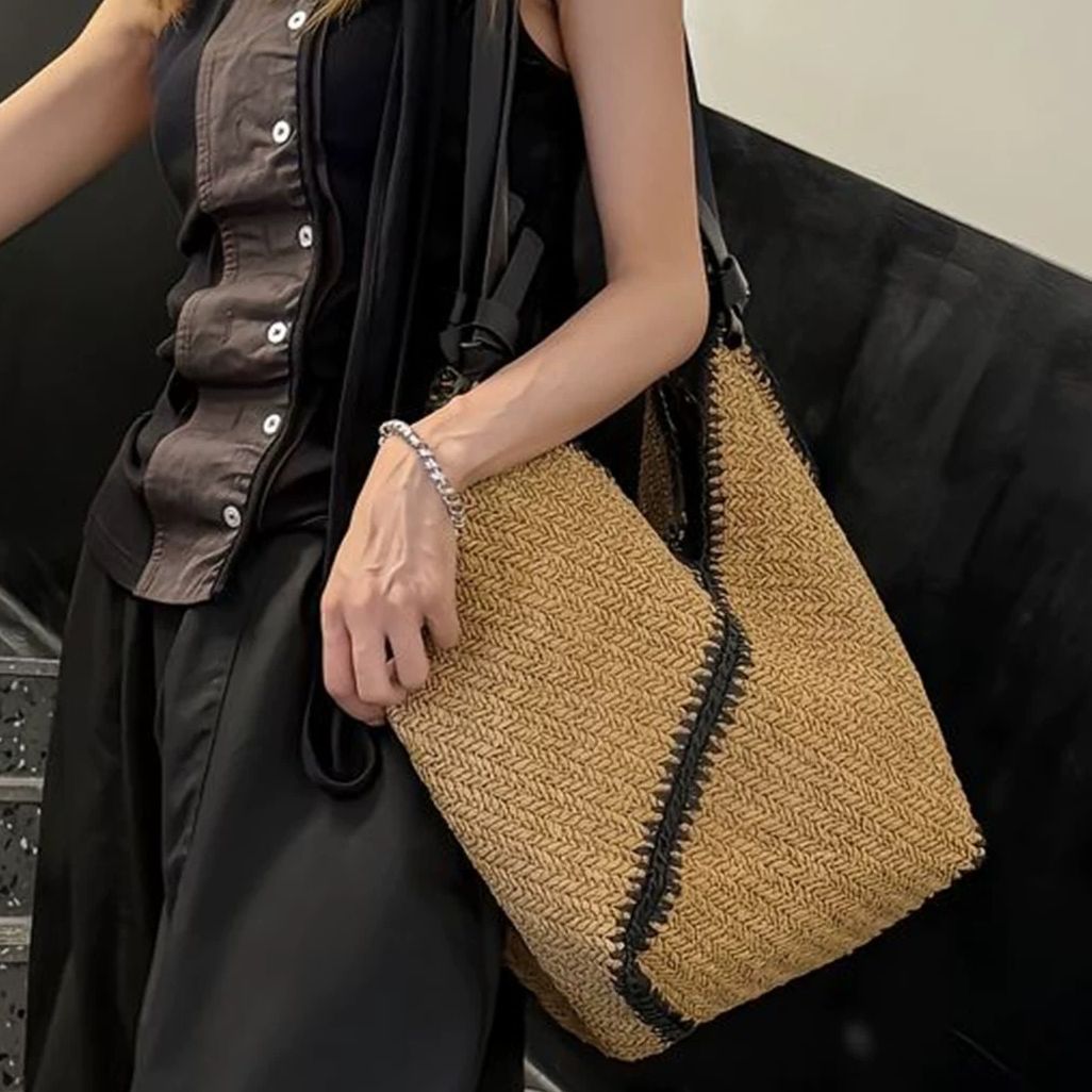 Braided Natural Material Handbag with Black Drawstring LoungeYard — product view 1