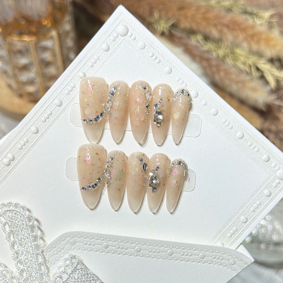 Glittery Rhinestone-Accent Press-On Nails — product view 1