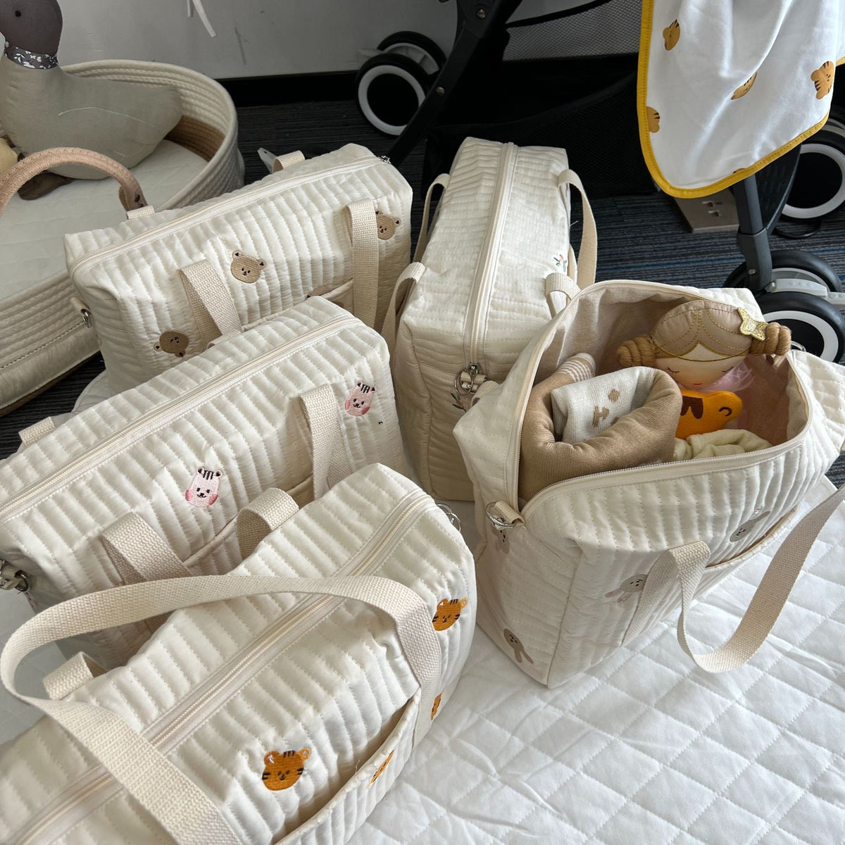 Quilted Baby Diaper Backpack Bag with Embroidered Plush Bear Accents — product view 4