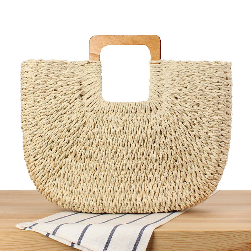 Braided beach bag with wooden handle LoungeYard — product view 6