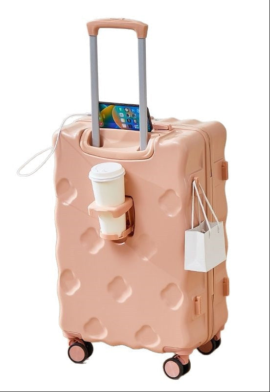 hard-shell carry-on suitcase with integrated foldable cup holder phone cradle USB charging port and external bag hooks LoungeYard — product view 5