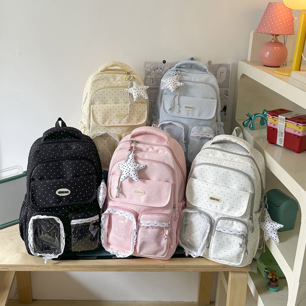 Cute Decorative Polka Dot School Backpack LoungeYard — product view 4