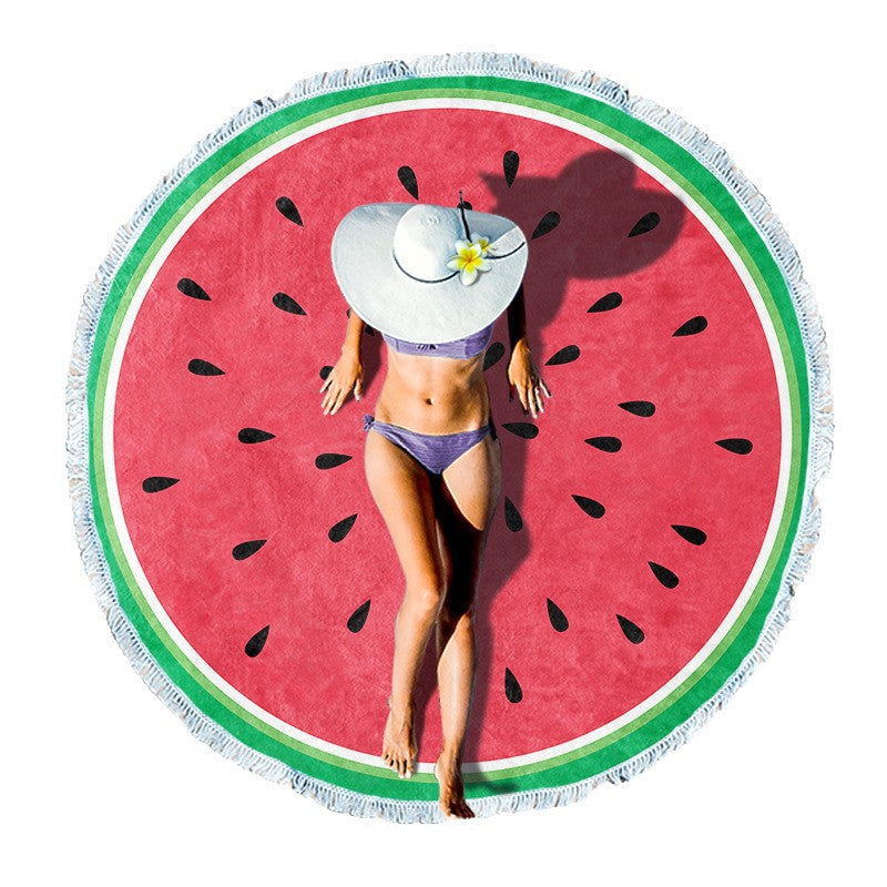 Round beach towel with floral fringe pattern LoungeYard — product view 3