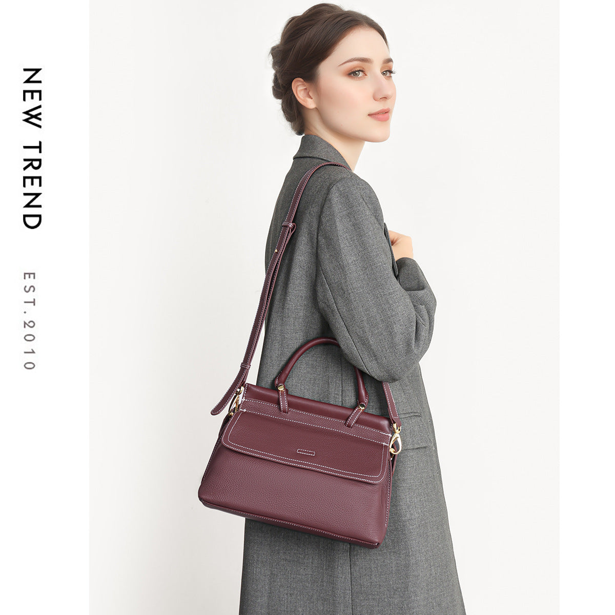Top-Handle Pebbled Leather Satchel with Contrast Stitching — product view 3