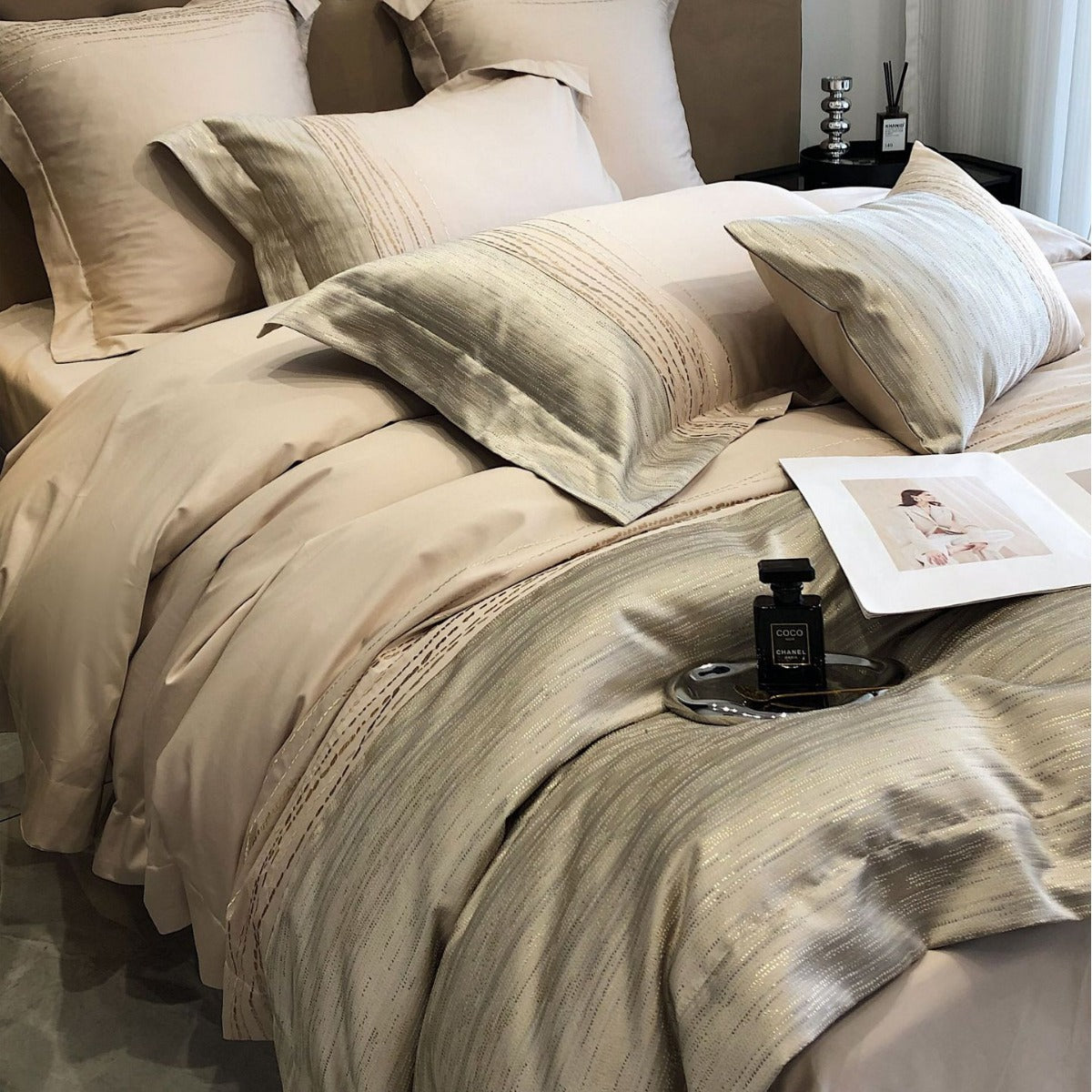 Luxurious satin bedding set with jacquard texture and decorative pillow — product view 4