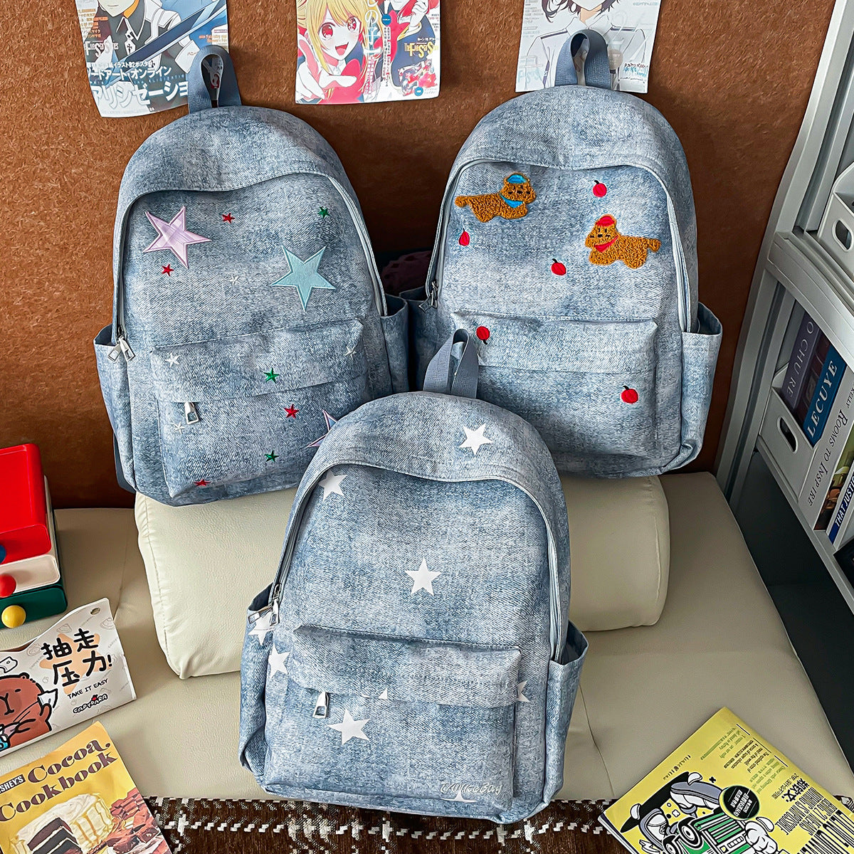 Casual Star-Print Denim Backpack LoungeYard — product view 4