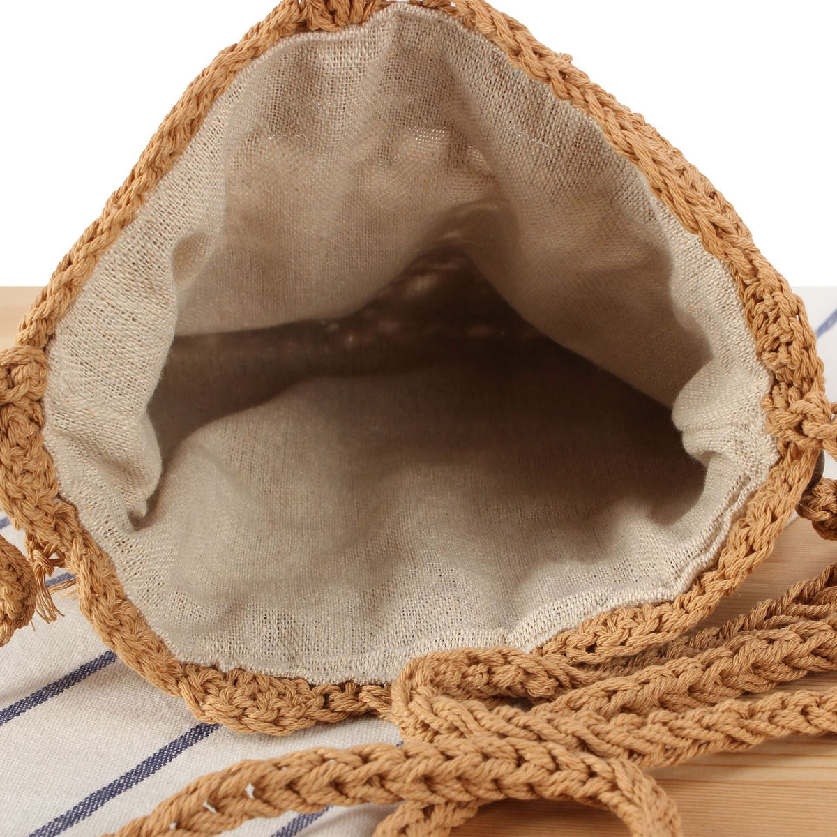 Handmade macrame shoulder bag with ruffled trim LoungeYard — product view 3