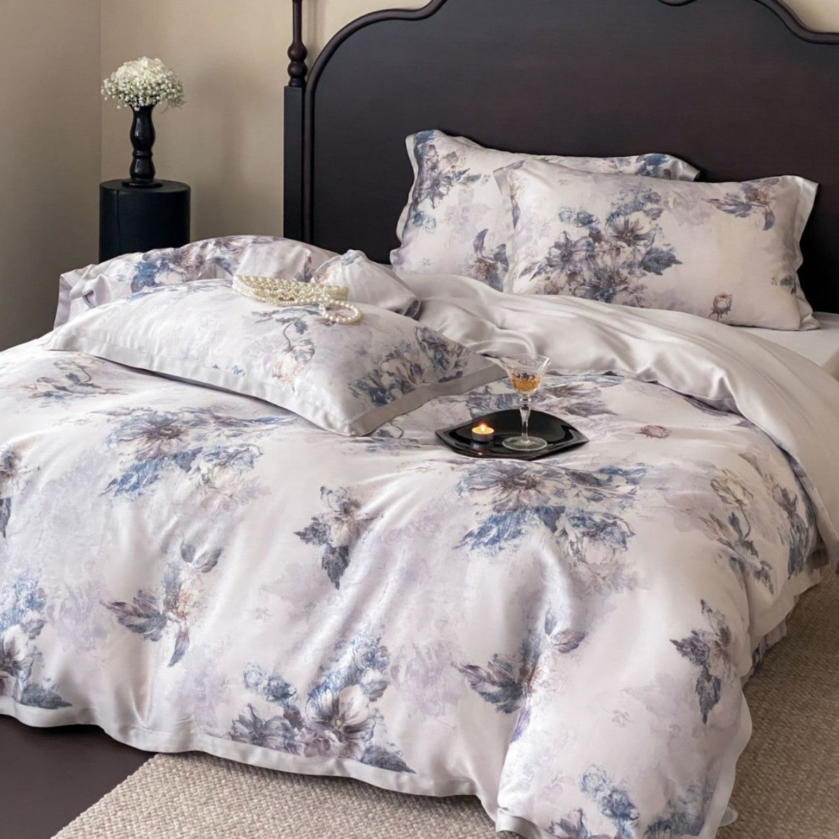 Luxurious satin bedding with floral watercolor print — product view 2