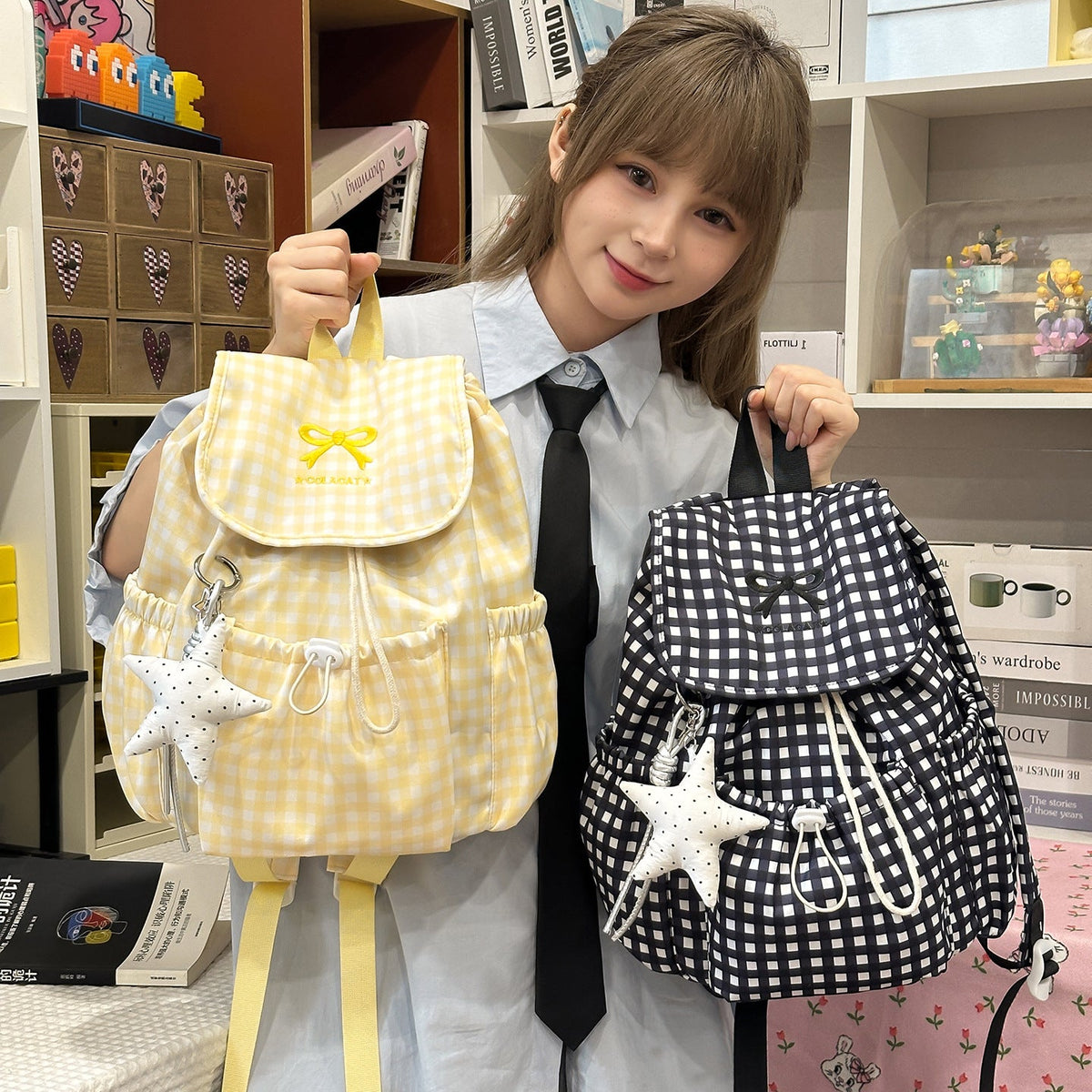 Cute Checked Patterned Drawstring Backpack LoungeYard — product view 3