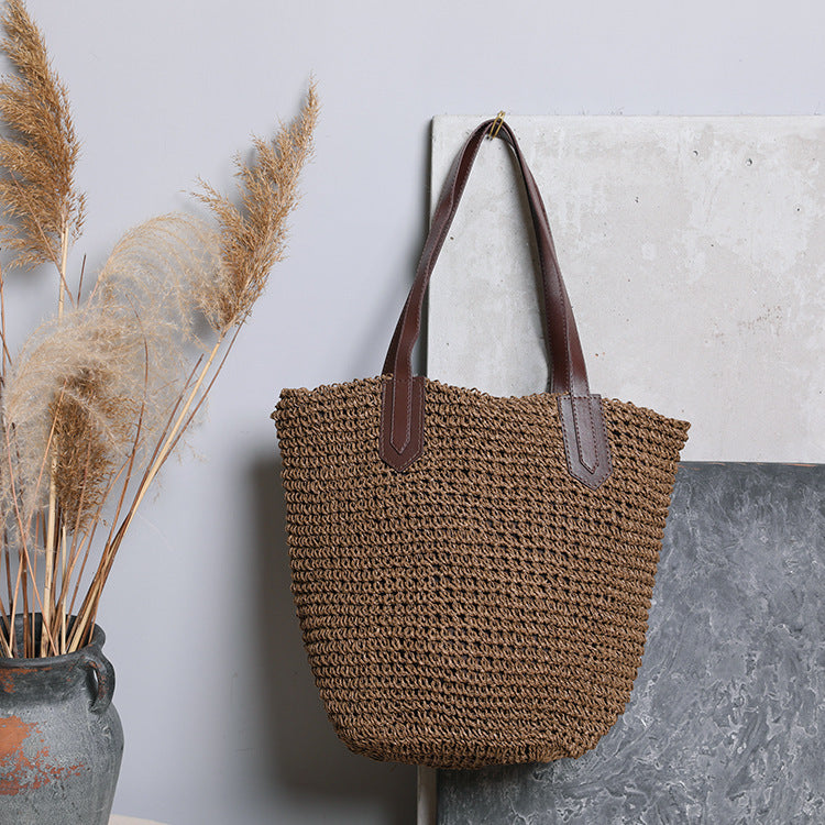 Generous wicker tote bag with leather handles LoungeYard — product view 7