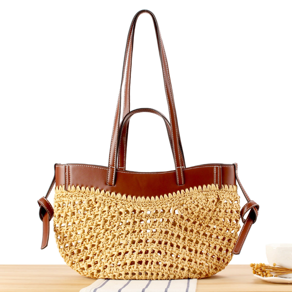 Braided Bast Handbag with Elegant Leather Accents LoungeYard — product view 1