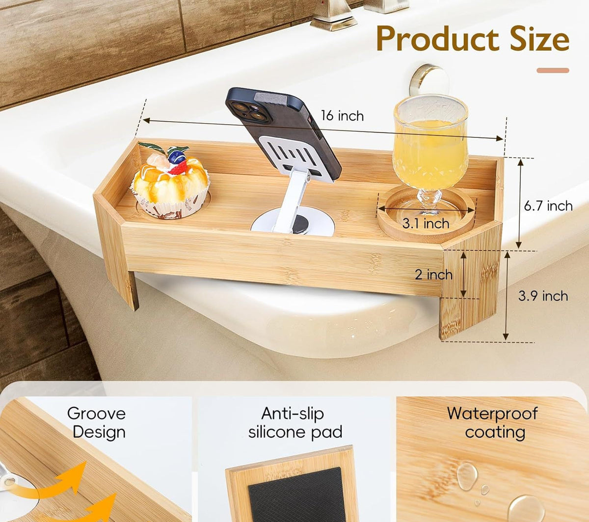 Adjustable Bamboo Bathtub Caddy With Foldable Tablet Stand And Drink Holder LoungeYard — product view 3