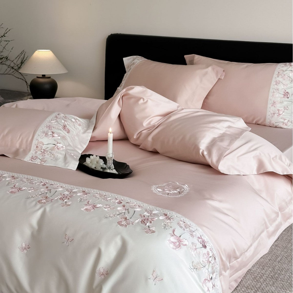 Luxurious satin bedding set with floral stitched border — product view 6