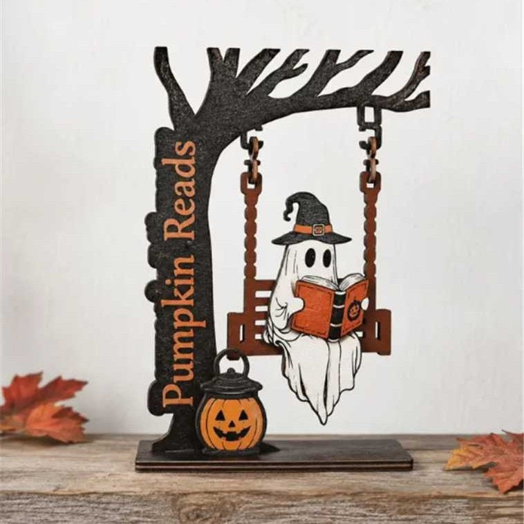 Whimsical Ghost and Cat Hanging Sign Sculpture Bowlift — product view 4