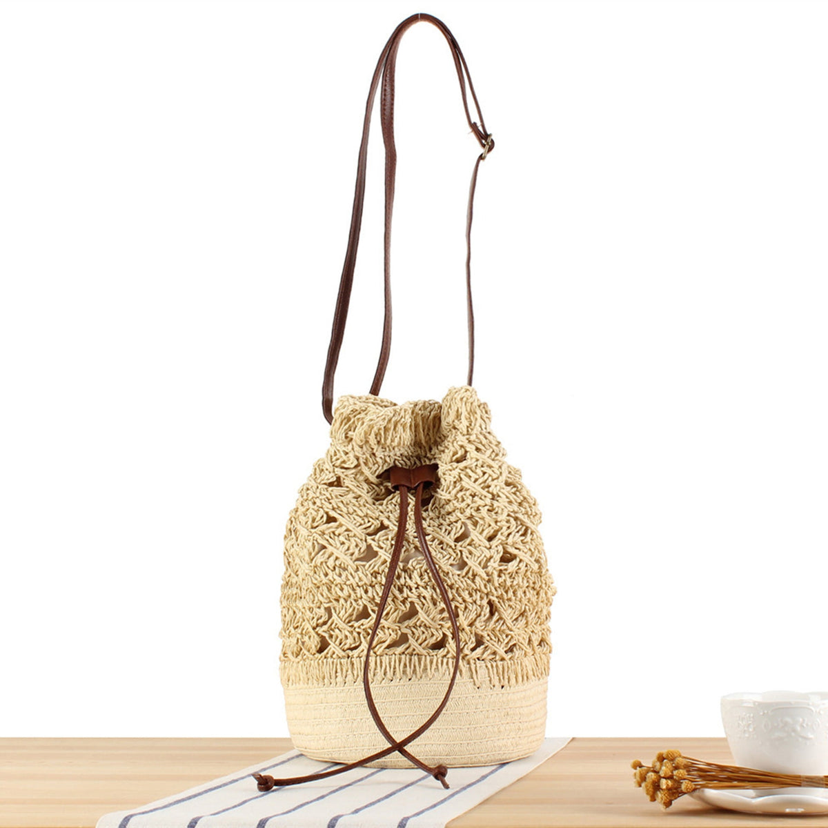 Designer Backpack Made of Natural Weave with Leather Accents LoungeYard — product view 1