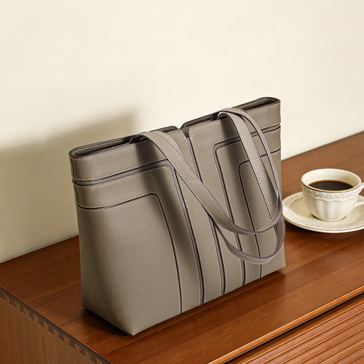 Structured Vertical-Panel Pebbled Tote Bag — product view 4