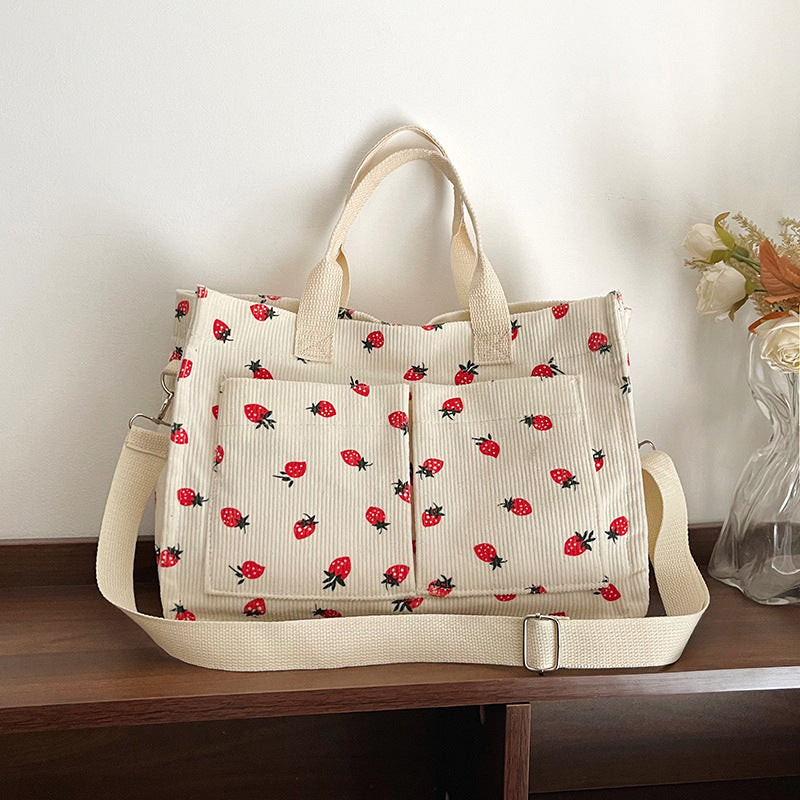 WoStylish Multi-Pocket Strawberry Print Canvas Tote Bag LoungeYard — product view 2