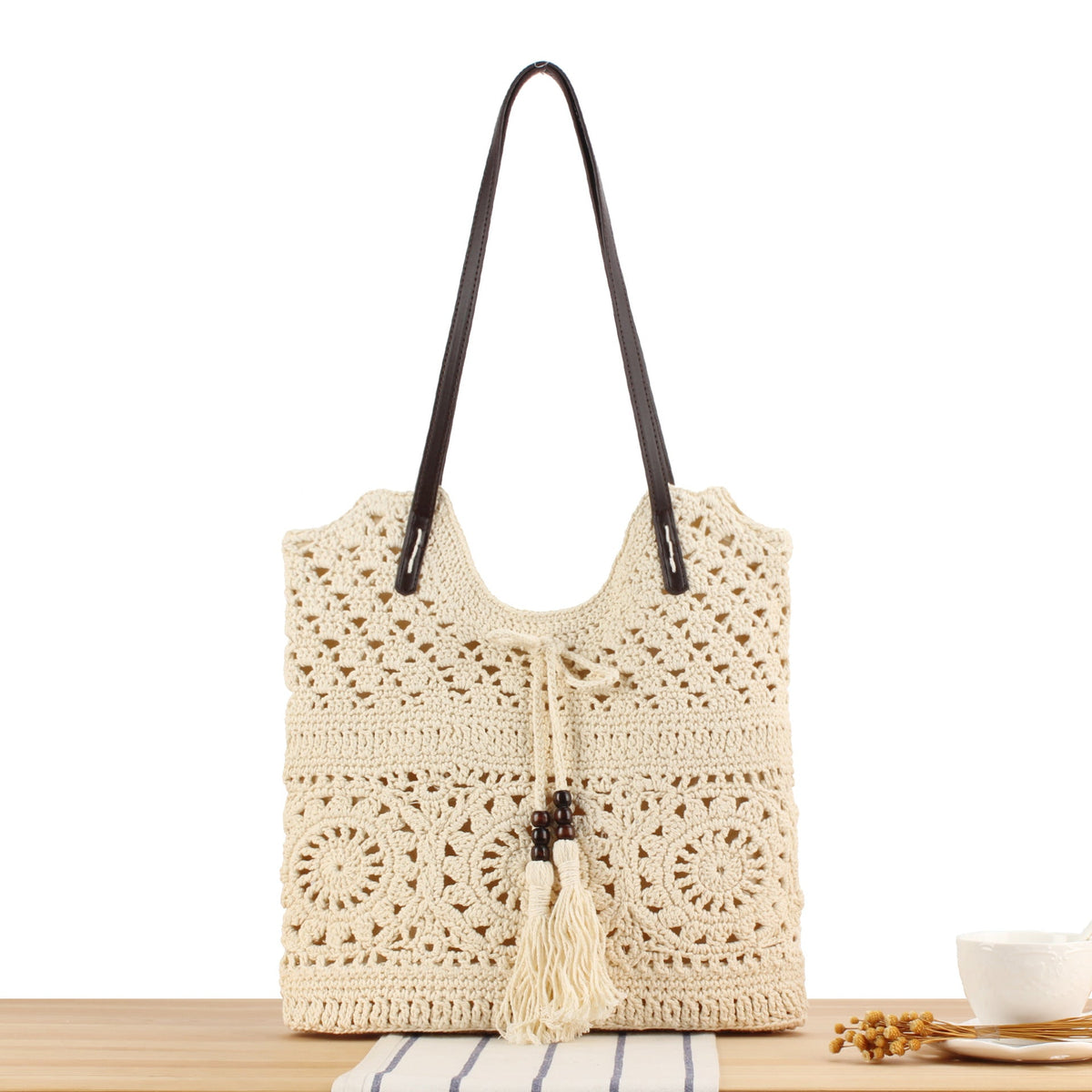 Handbag in Creative Macrame Design with Tassel Detail LoungeYard — product view 6