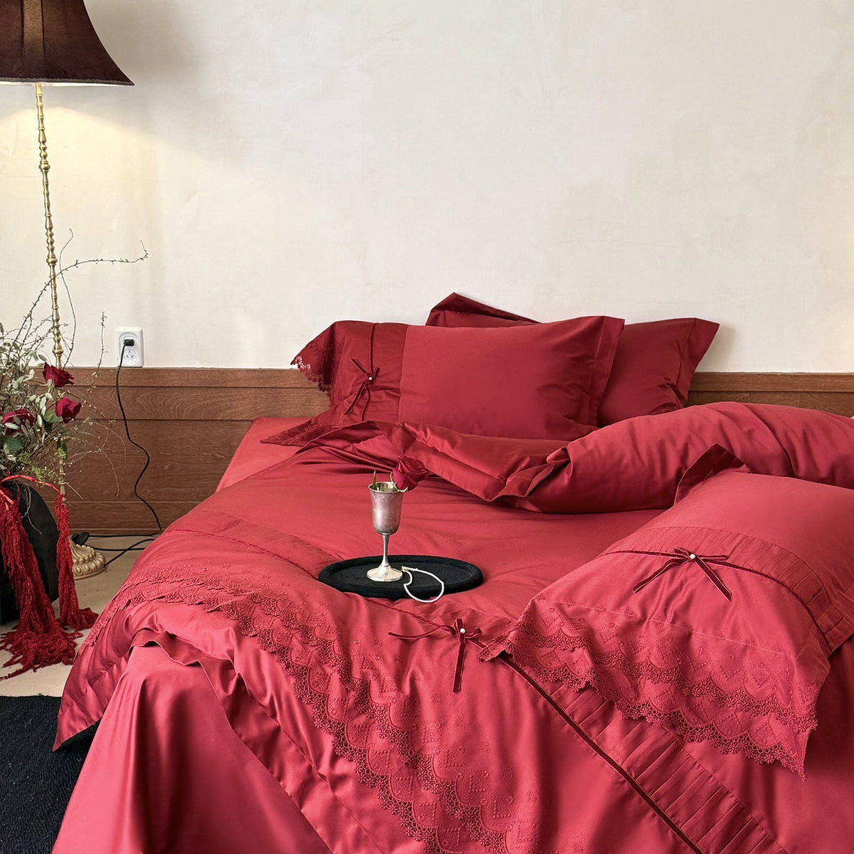 Luxurious bed linen set with lace edging, ruffles, and decorative bows LoungeYard — product view 1