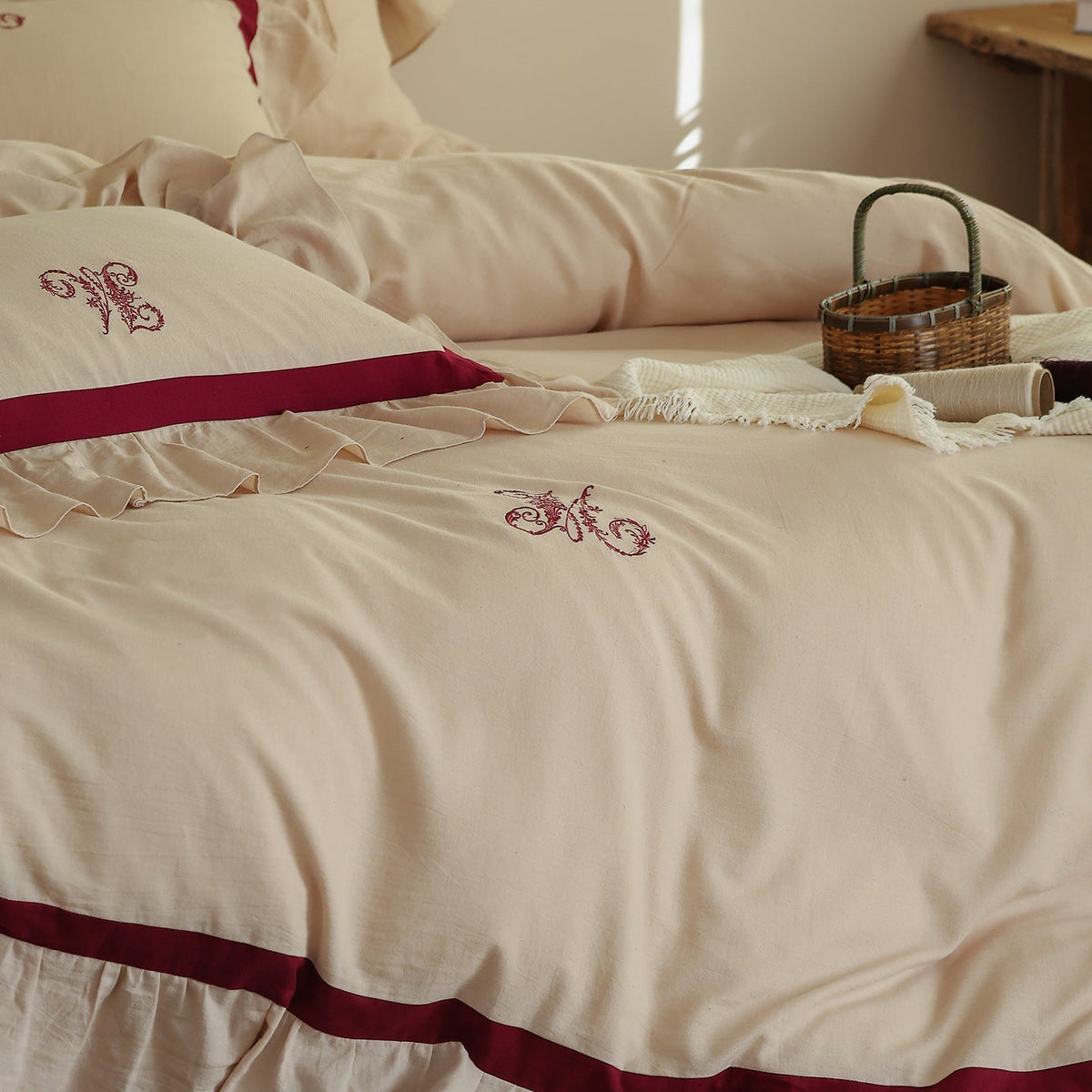 Romantic cotton-linen bedding set with ruffle, monogram embroidery, and contrasting trim LoungeYard — product view 2