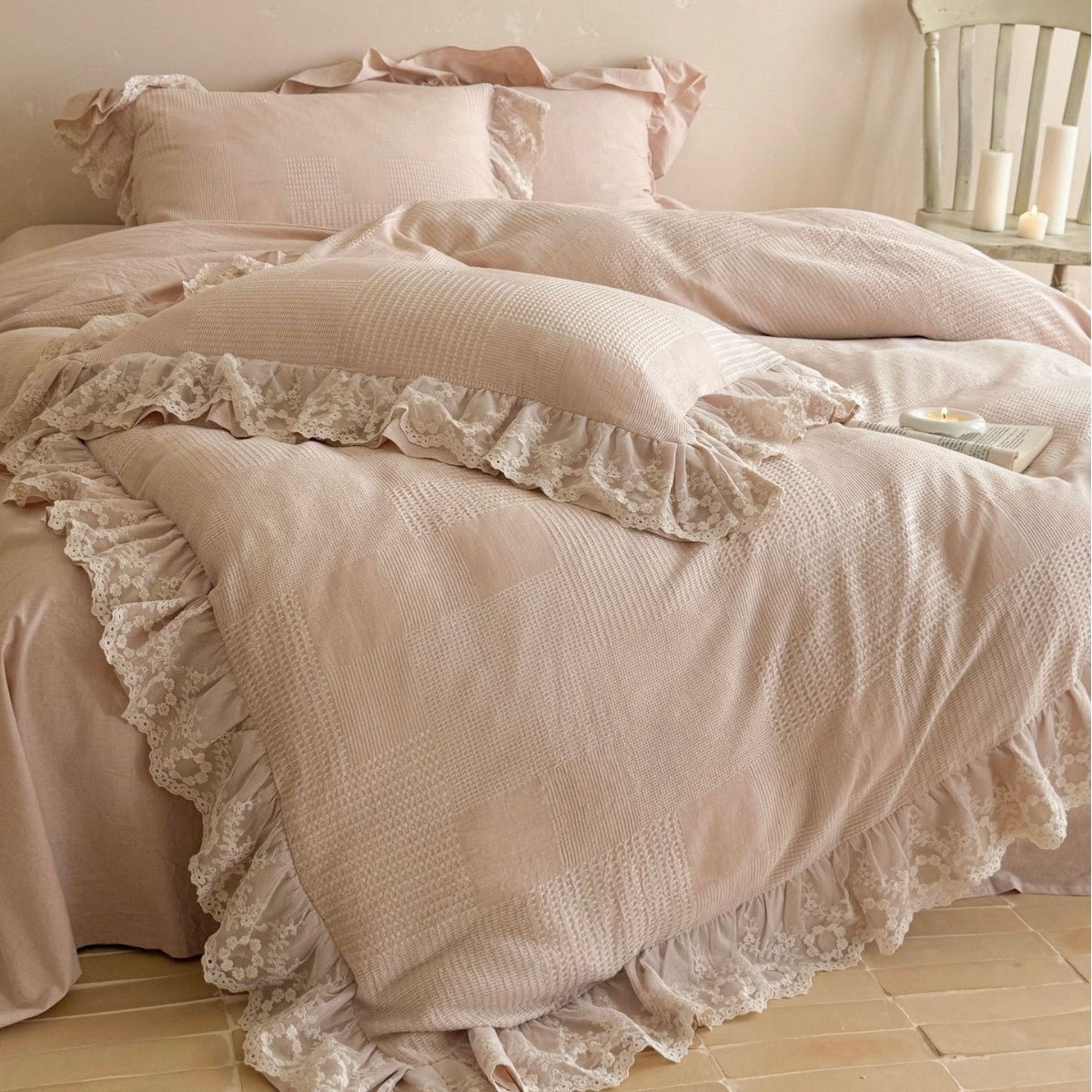 Cotton waffle bedding with floral lace ruffle and wavy hem — product view 1