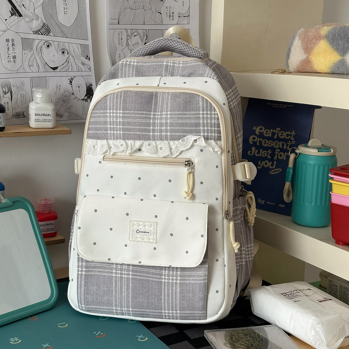 Plaid Patterned School Backpack with Cute Bunny Keychain LoungeYard — product view 7