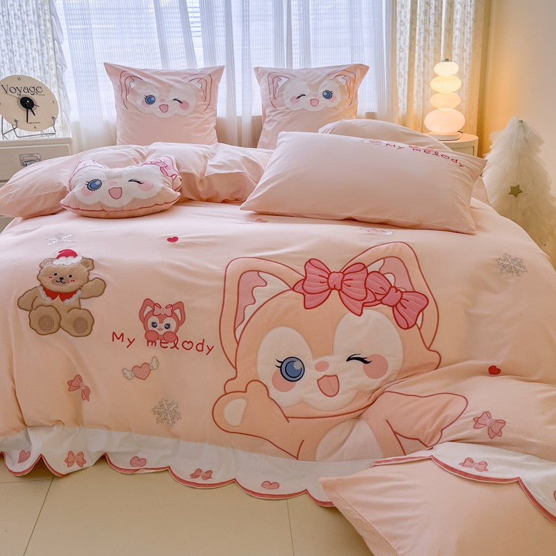 Playful children's bedding set with embroidered cat appliqué and cuddle pillow — product view 1