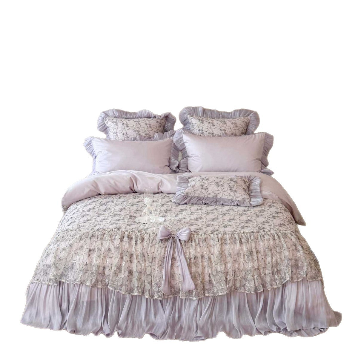 Romantic satin bedding set with ruffles and lace bedspread — product view 2