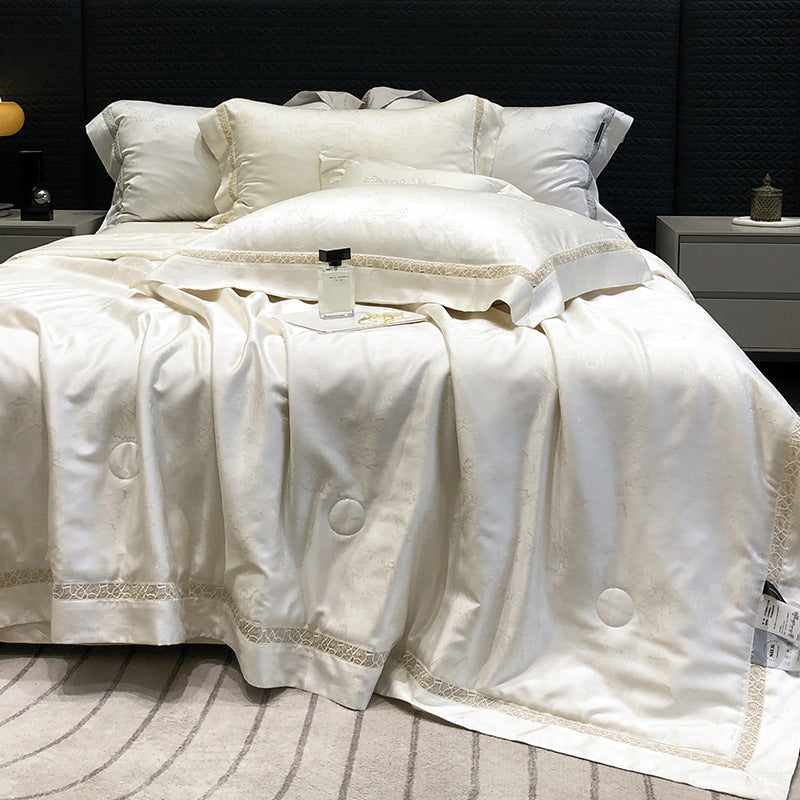 Luxurious satin bedding set with lace trim and fine quilted embellishments — product view 6