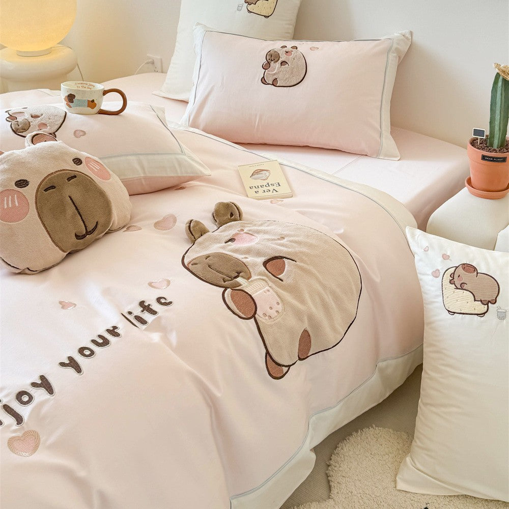 Kawaii bedding set with appliquéd plush bears and breathable cotton satin — product view 2