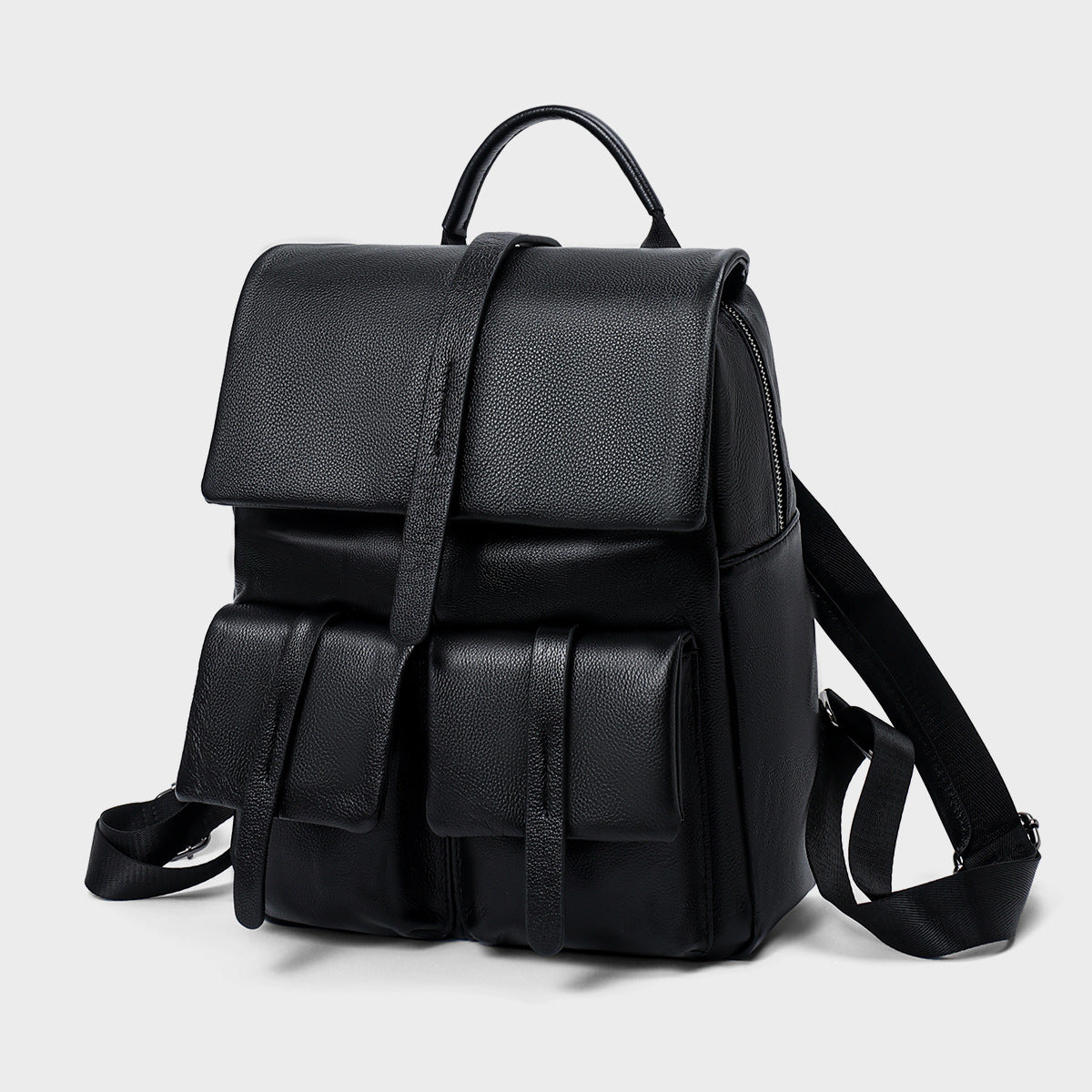 Leather Flap Backpack with Dual Front Pouches and Top Handle — product view 3
