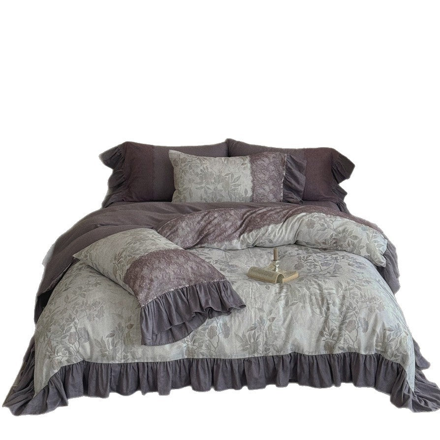 Bedding set with jacquard panels, ruffled bed skirt and reversible pillow — product view 5