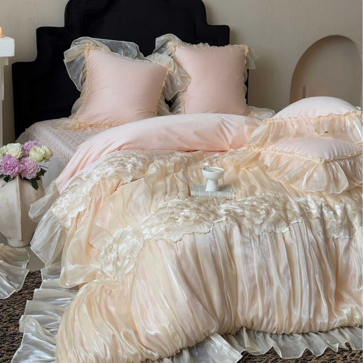 Luxurious satin bedding set with frills and lace trim — product view 3