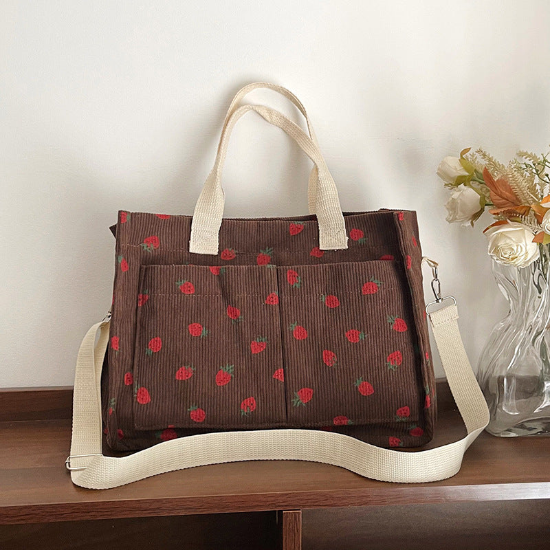 WoStylish Multi-Pocket Strawberry Print Canvas Tote Bag LoungeYard — product view 3