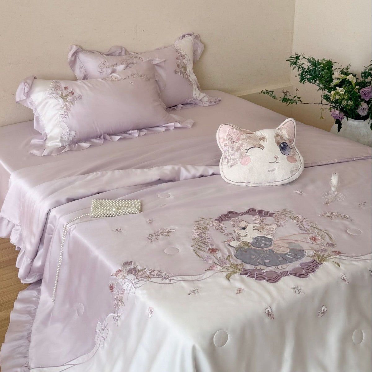 Romantic satin bedding complete set with embroidered bedspread and frill — product view 4