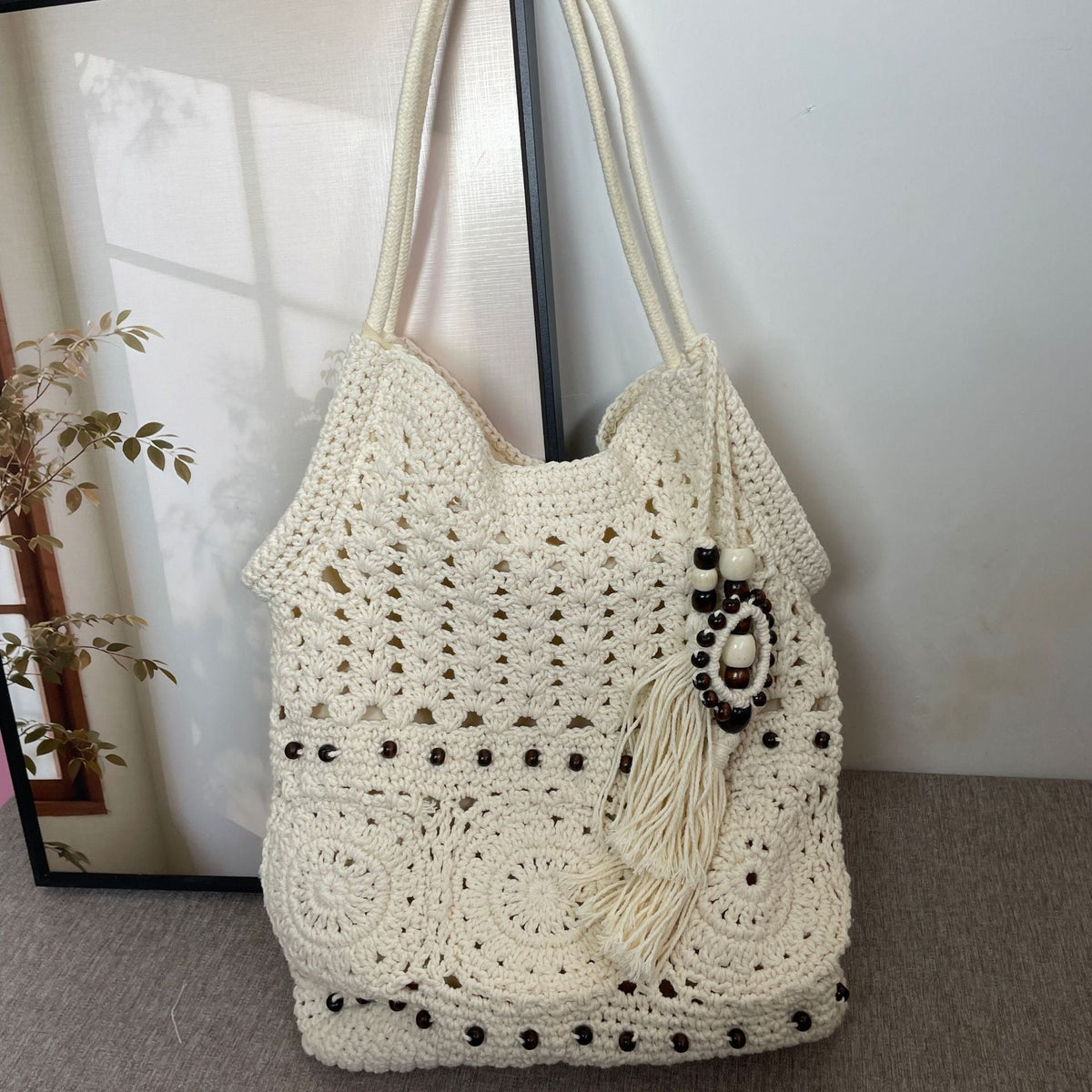 Hand-crocheted shoulder bag with unique fringe design LoungeYard — product view 6