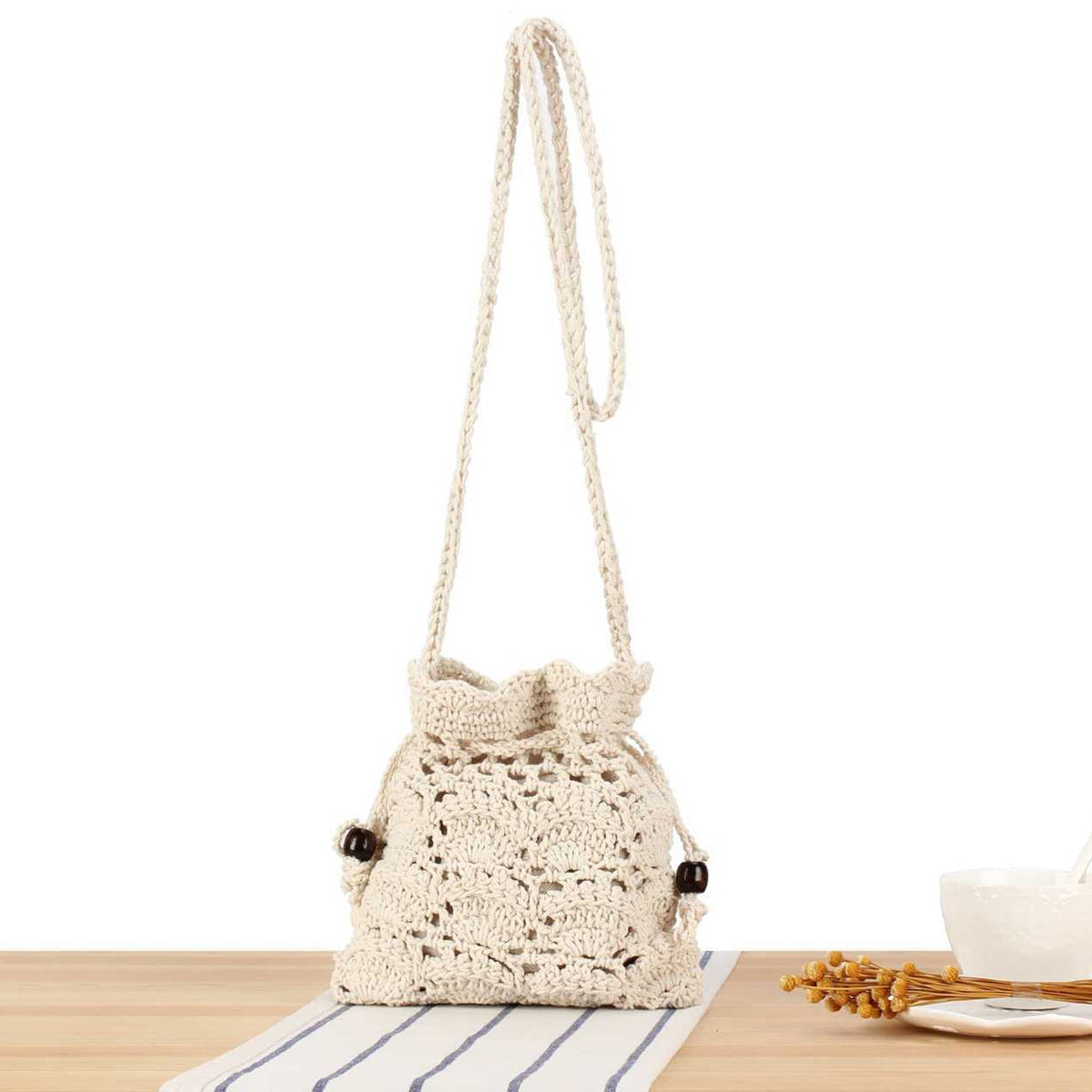 Handmade macrame shoulder bag with ruffled trim LoungeYard — product view 1