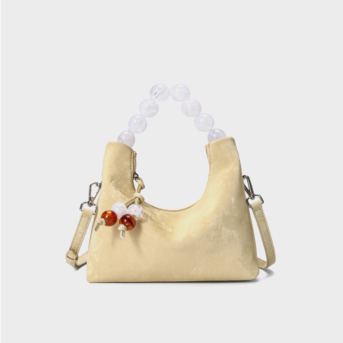 Suede Crescent Shoulder Bag with Acrylic Bead Top Handle & Detachable Crossbody Strap — product view 2