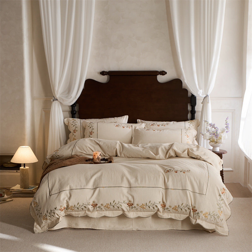 Embroidered Cotton-Linen Bedding Set with Wavy Hem and Floral Border Motif — product view 6