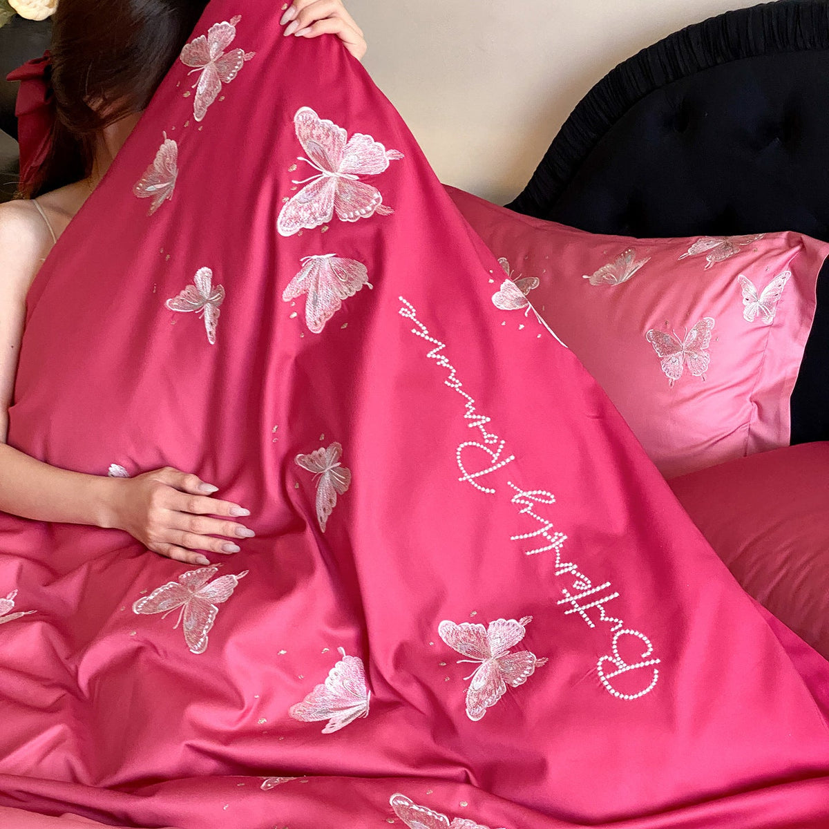 Luxury satin bedding set with embroidered butterfly appliqués LoungeYard — product view 4