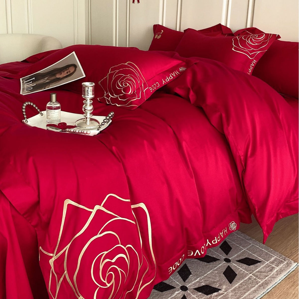 Luxurious cotton satin bedding set with rose embroidery — product view 4