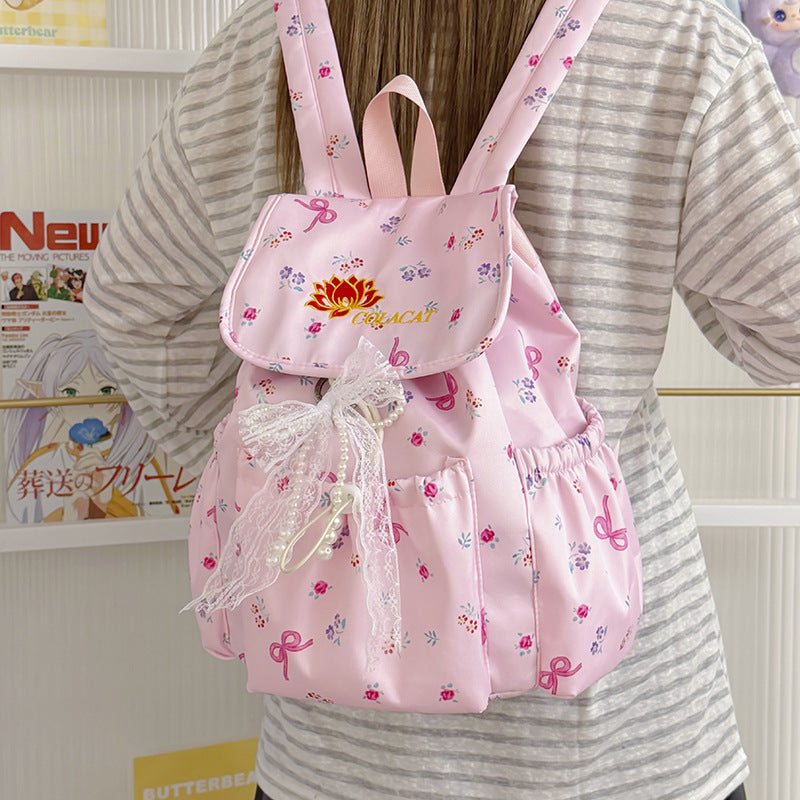Floral-Embellished Drawstring Backpack LoungeYard — product view 2