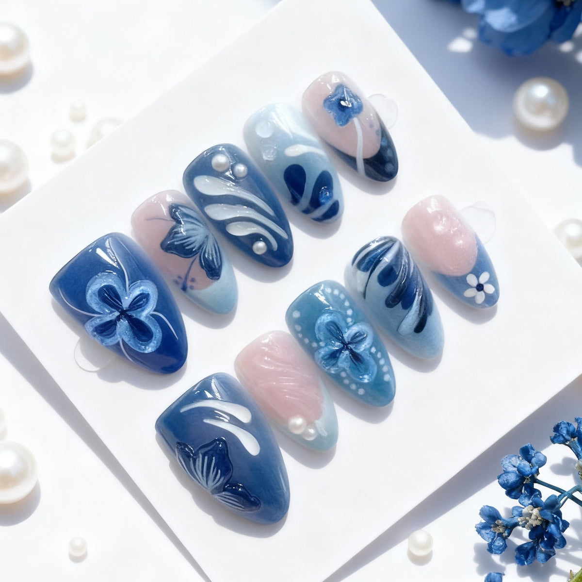 Artistic Press-On Nail Set with Floral Designs — product view 1